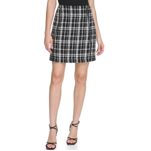 Calvin Klein Women's Plaid Tweed Woven Zipper A-Line Skirt Black White Metallic - Picture 1 of 7